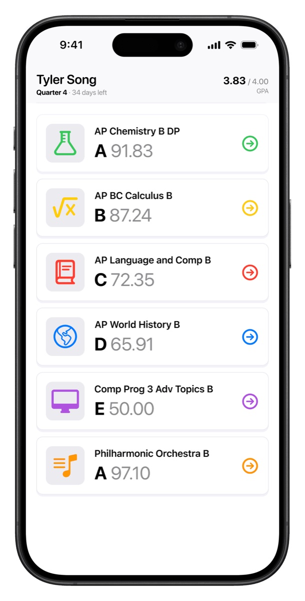 Gradeient class list with course colors and icons
