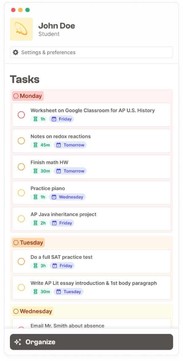 Hypertask task-list pane with profile and settings
