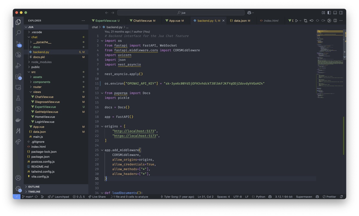 Jua backend code open in Visual Studio Code